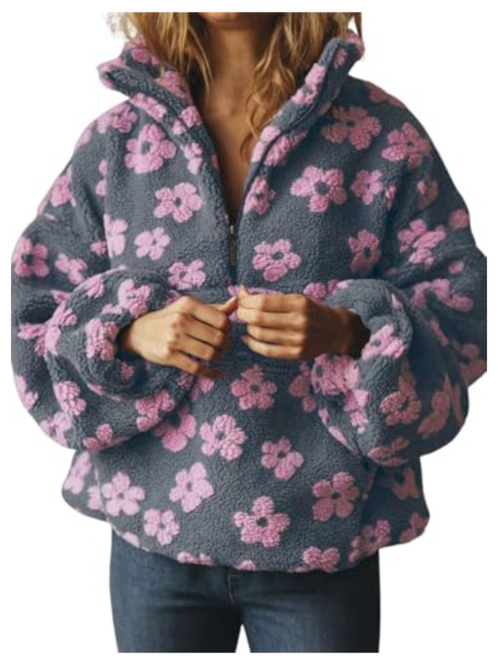 Floral Faux Fur Fleece Sherpa Pullover Sweatshirt Zip Up Winter Jacket